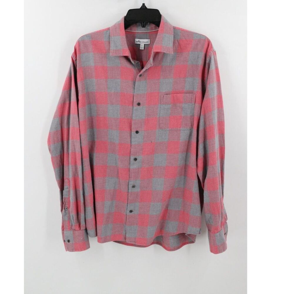 Peter Millar Mens Ultra-Soft Plaid Sport Shirt Button Up Plaid Red Grey Large